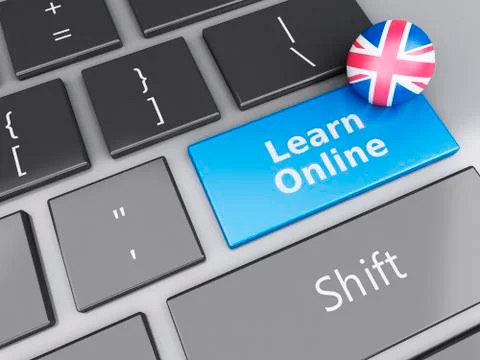 3d learn english on computer keyboard. education concept Illustrazione stock