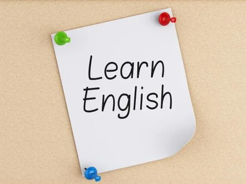 3d Learn English, word on post-it over cork. Illustrazione stock