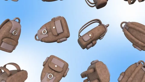 3D Leather Bags Falling on a Light Blue Background. Backpack 3D Animation. 4K Stock Footage 287438806