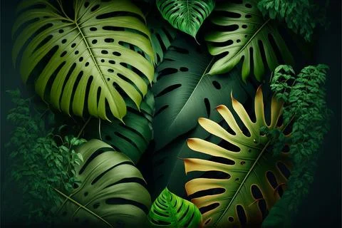 3D leaves Monstera on dark background Stock Illustration