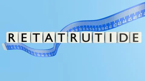 3d letter blocks spelling out the word "RETATRUTIDE" and flexible measuring tape Stock Illustration