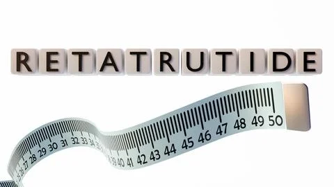 3d letter blocks spelling out the word "RETATRUTIDE" and flexible measuring tape Stock Illustration