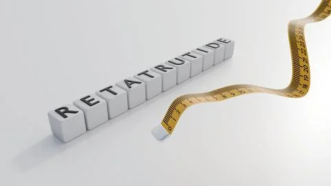 3d letter blocks spelling out the word "RETATRUTIDE" and flexible measuring tape Stock Illustration