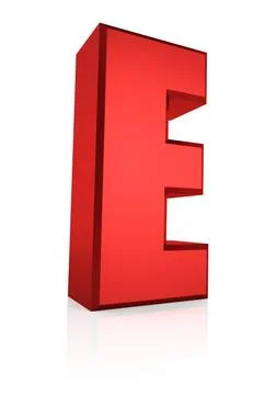 3d Letter E E letter. Red letter on reflective floor. White background. 3d... Foto stock