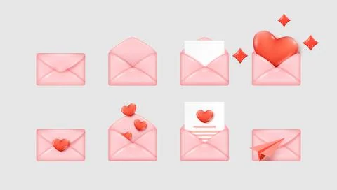 3d letter envelope set. Love render, romantic gift, new chat notification, open Stock Illustration