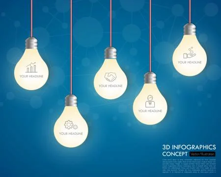 3d light bulb timeline infographics with icons set. vector. illustration. Illustrazione stock