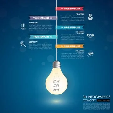 3d light bulb timeline infographics with icons set. vector. illustration. Illustrazione stock