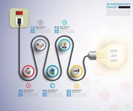 3d light bulb timeline infographics with icons set. vector. illustration. Stock Illustration