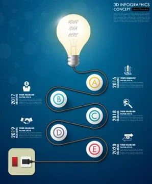 3d light bulb timeline infographics with icons set. vector. illustration. Illustrazione stock