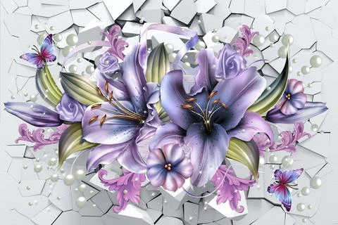 3D Lilies Interior 3D Wallpaper Free Download イラスト素材