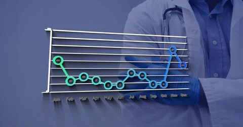 3D line chart displaying dual data series in clinic, doctor wearing white lab Stock Photos