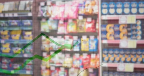 3D line charts appearing lower-left, rising, dipping, crossing blurred shelves Stock Footage 321319187