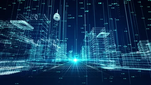 3D Lines through digital binary city Loop Background. artificial intelligence Stock Footage 150009776