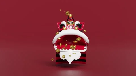 3d lion dance head with chinese gold coins for festive chinese new year hol.. Stock Footage 261004607