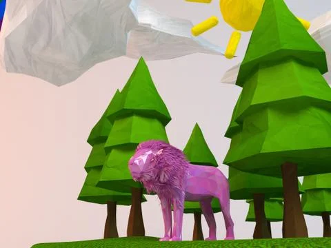 3d lion inside a low-poly green scene with sun, trees, clouds and a rainbow Stock Illustration
