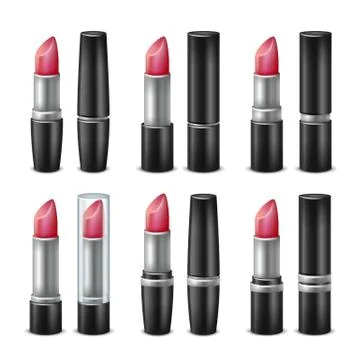 3D Lipstick Set Vector. Black And Silver Tubes. For Woman Lips Make Up. Isolated Stock Illustration
