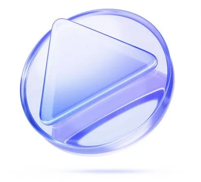 3d liquid glass play button icon render. Blue transparent circle badge with Illustrazione stock