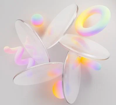 3d liquid glass transparent circle discs on light pastel background with color Stock Illustration
