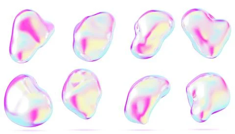 3d liquid rainbow chrome drop set. Holographic y2k abstract blobs with bright 스톡 일러스트