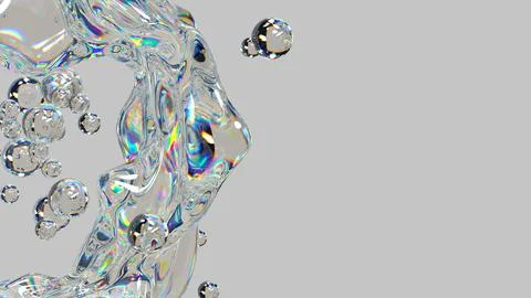 3D liquid splash with iridescent glass bubbles. Stock Illustration
