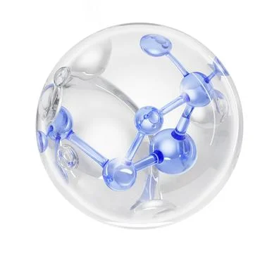 3D liquid transparent ball with blue molecule for skincare ads. Clear collagen Stock Illustration