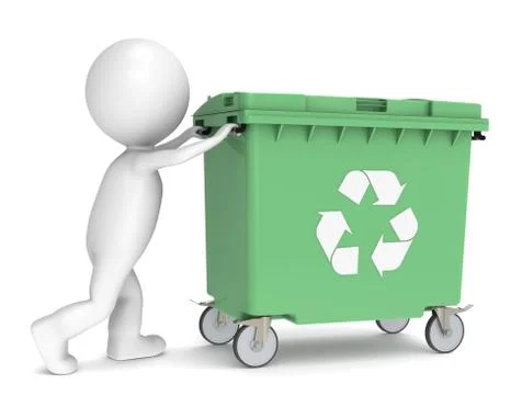 3D little human character pushing a Recycling Bin. Stock Illustration