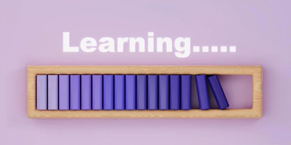 3d loading bar with books on a shelf with the word LEARNING. concept of learning Stock Illustration