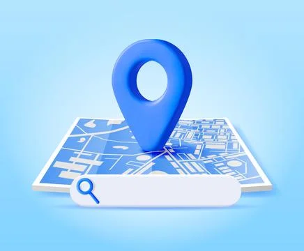 3D Location Folded Paper Map, Search Bar and Pin Stock Illustration