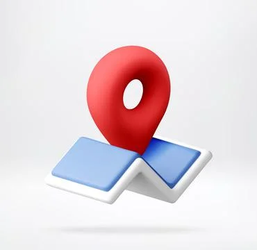 3D location map pin standing on folded paper map Illustrazione stock