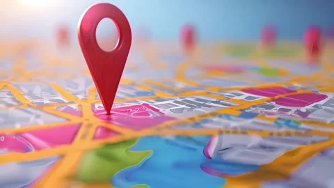 3D Location red pointer online, Search Bar and Pin Isolated. GPS Stock Footage 261502955