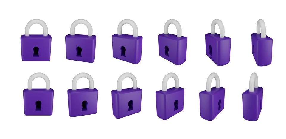 3D lock icon animation set, padlock cartoon clipart, information security Stock Illustration