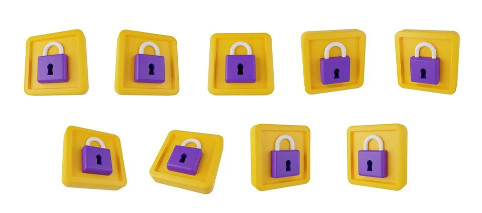 3D lock icon set, digital cartoon computer render data padlock illustration Stock Illustration