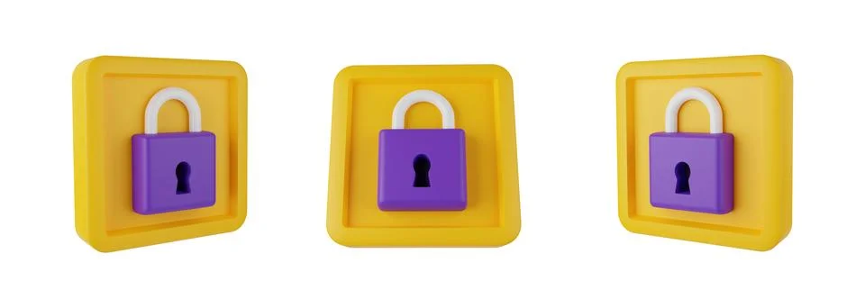 3D lock icon set, padlock illustration, digital cartoon computer render Stock Illustration