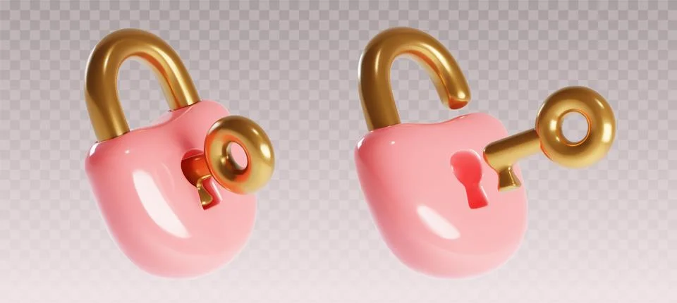 3d lock pink secure padlock with key to safe open Stock-Illustration