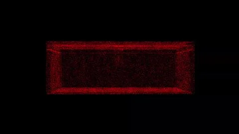 3D long box on black bg. Object dissolved red flickering particles. Busines.. Illustrazione stock