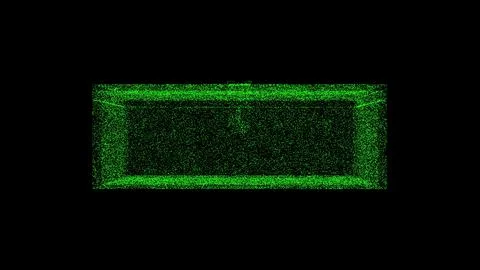 3D long box on black bg. Object dissolved green flickering particles. Busin.. Stock-Illustration