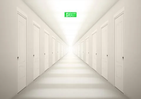 3D Long Light Corridor With Exit Sign Stock Illustration