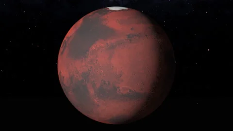 3D Loop Animation: Full 360 degree rotation of planet Mars, icy poles and Video stock 136194872