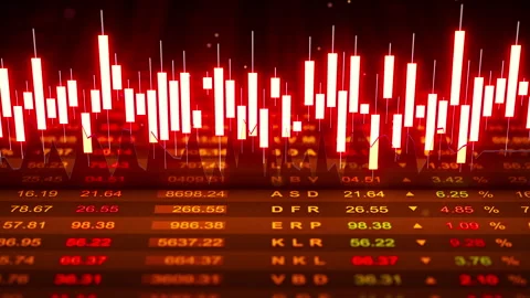 3D loop of red candlestick charts over falling financial data. Stock Footage 322017572