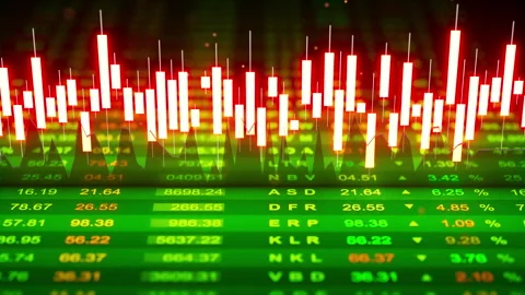 3D loop of red candlestick charts over rising green market data. Stock Footage 325965491