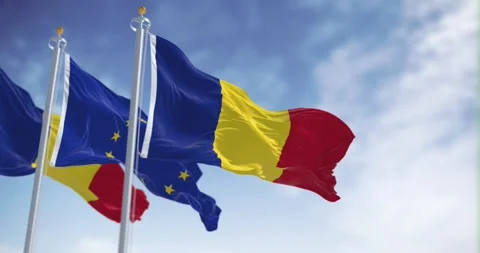 3d loop in slow motion of Romania and EU flags waving Stock-Footage 243275720