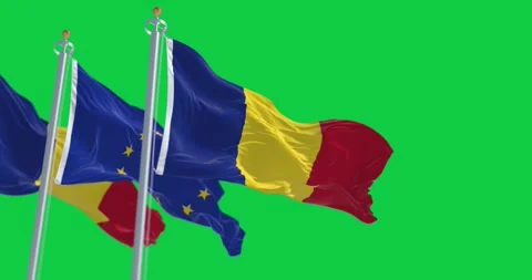 3d loop in slow motion of Romania and EU flags waving on green screen Stock Footage 254842241