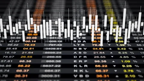 3D loop of white candlestick charts over dark financial data tables. Stock Footage 322911815