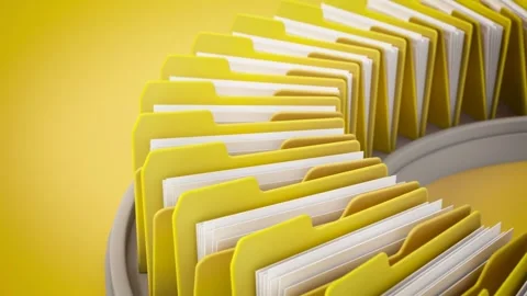 3D loopable animation of spinning yellow file folders with blank papers Stock Footage 285496814