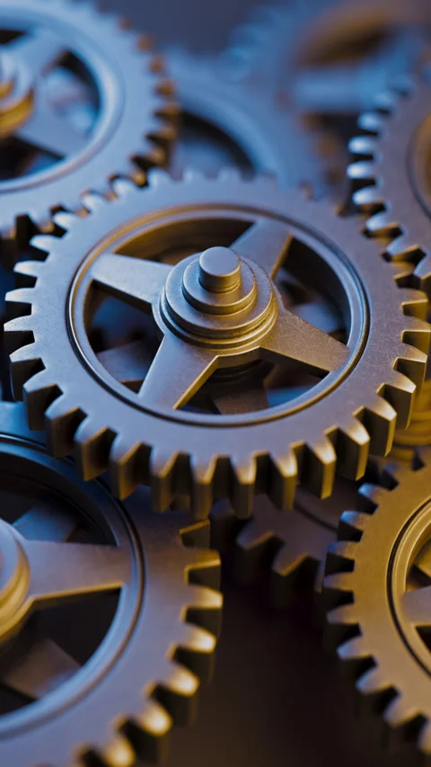 3D looping animation of interlocking metal gears rotating. Stock Footage 313288469