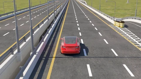 3d looping animation of a red Tesla Model 3 driving on highway -  electric car Stock Footage 102684677