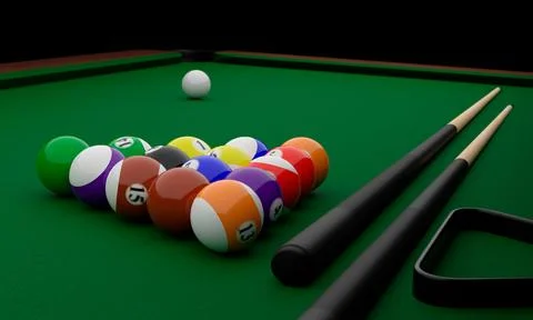 3D, low angle illustration of a green pool table with two billiard cue sticks an Stock Illustration