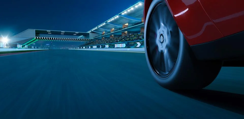 3d Low angle side view of car driving fast at modern international race track Foto stock