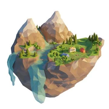 3d low poly camper van in forest near river and mountain hill. Tourist camp. Stock Illustration
