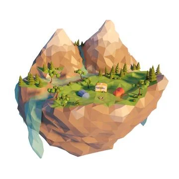 3d low poly campsite, a tent, bonfire near the river. 3d render. Stock Illustration